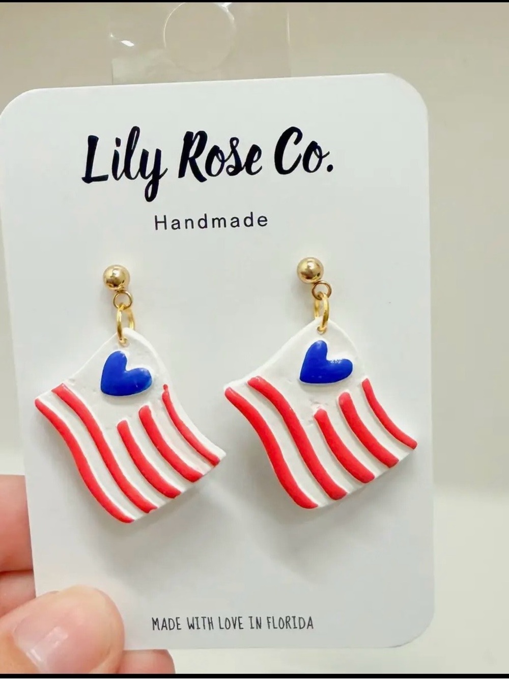 Lily Rose Red, White & Blue Heart Flag  Dangle Earrings